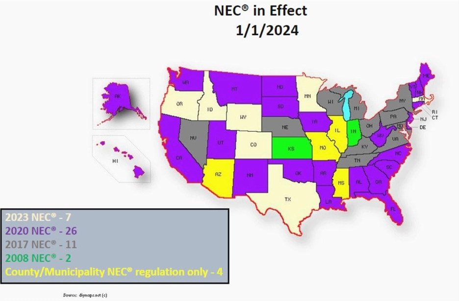 Map of States Where NEC in Effect 1/1/2024